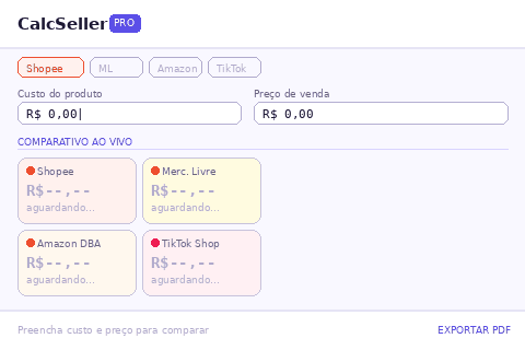CalcSeller PRO — comparativo ao vivo entre 4 plataformas